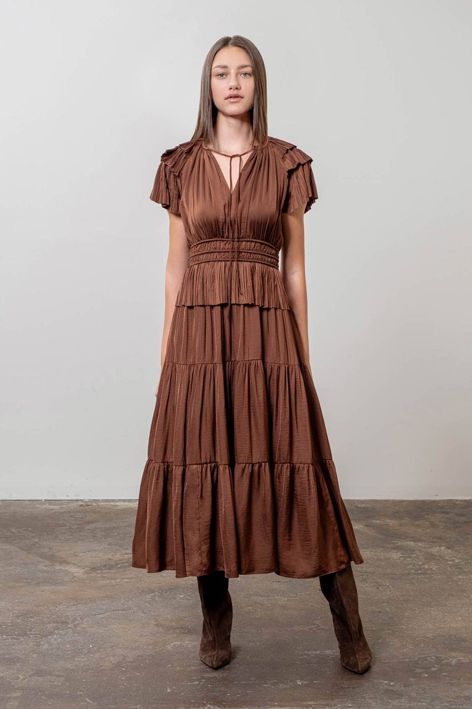 Pleated Short Sleeve Front Tie Tiered Midi Dress Xs Pleated Short Sleeve Front Tie Tiered Midi Dress Xs