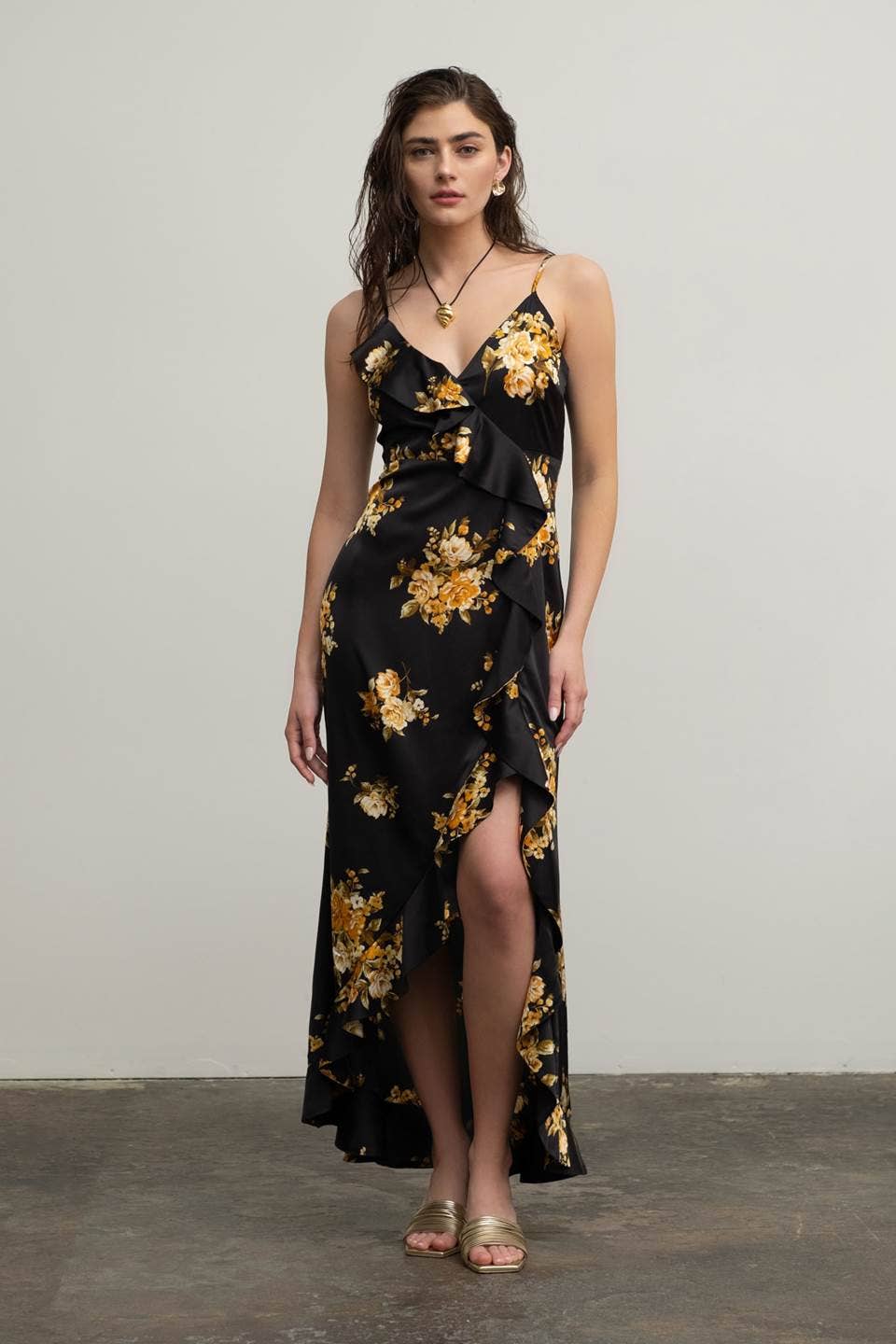 Floral Sleeveless Ruffle Wrap Maxi Dress