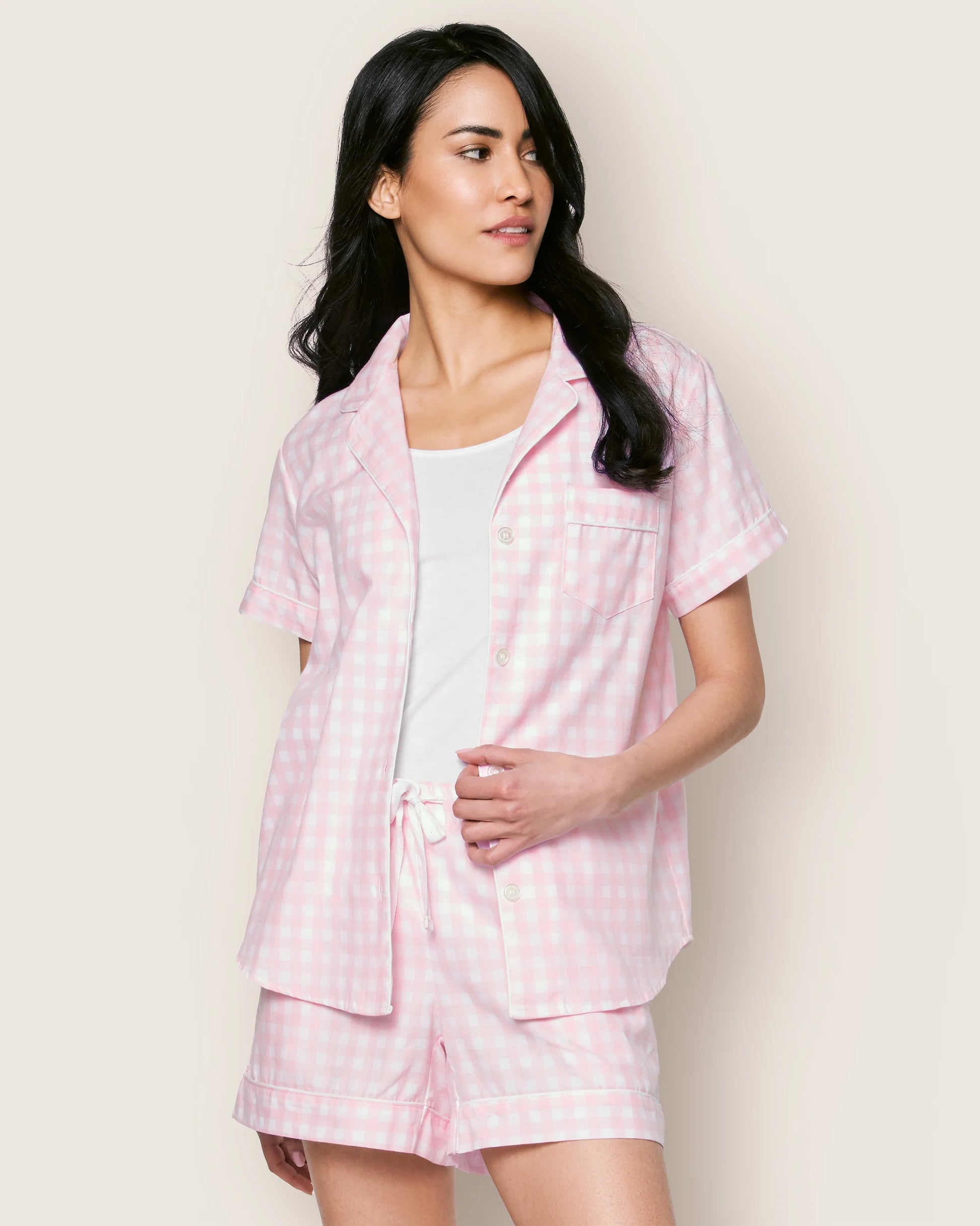 Women's Twill Pajama Short Set in Pink Gingham