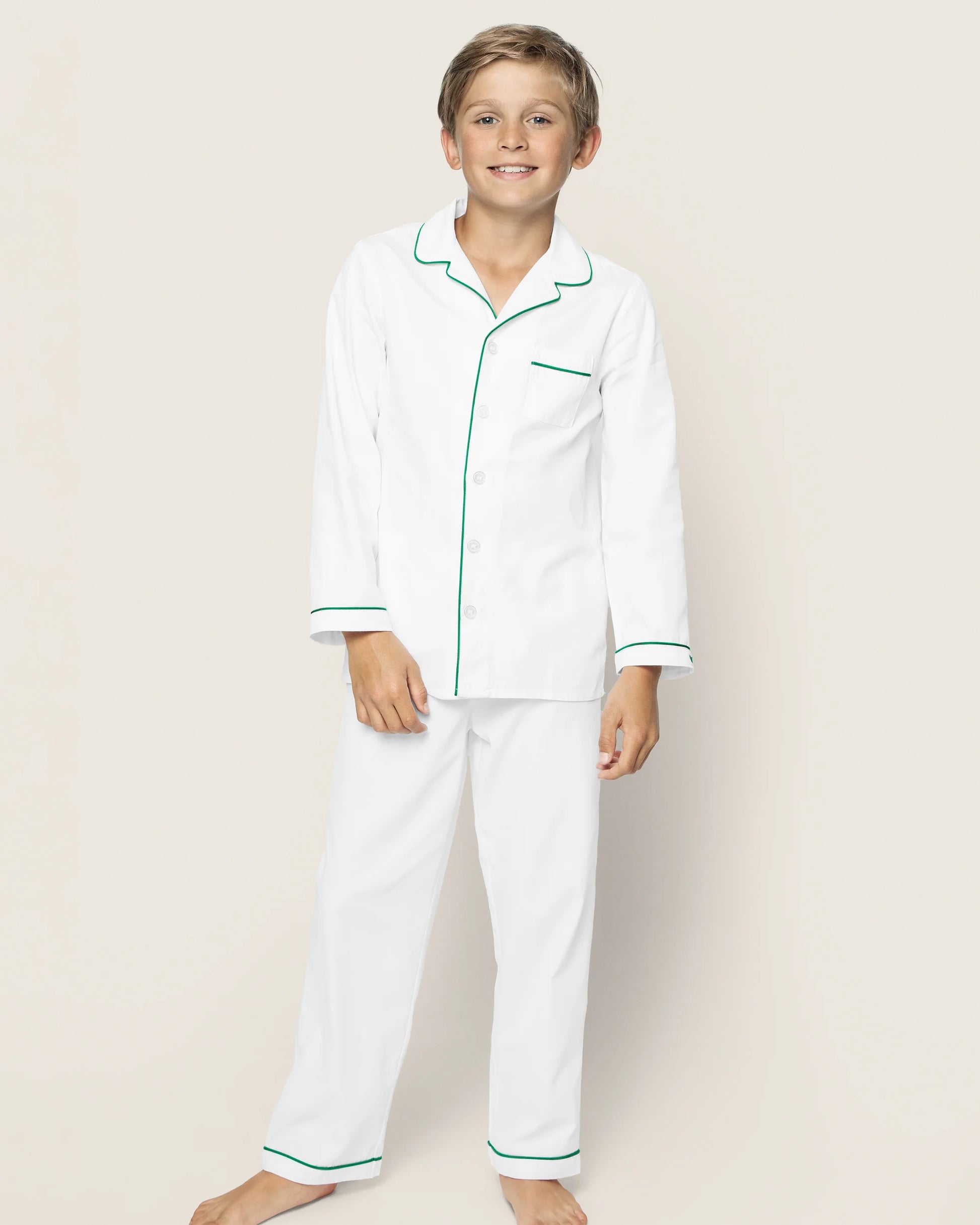 Kid's Twill Pajama Set in White with Green Piping