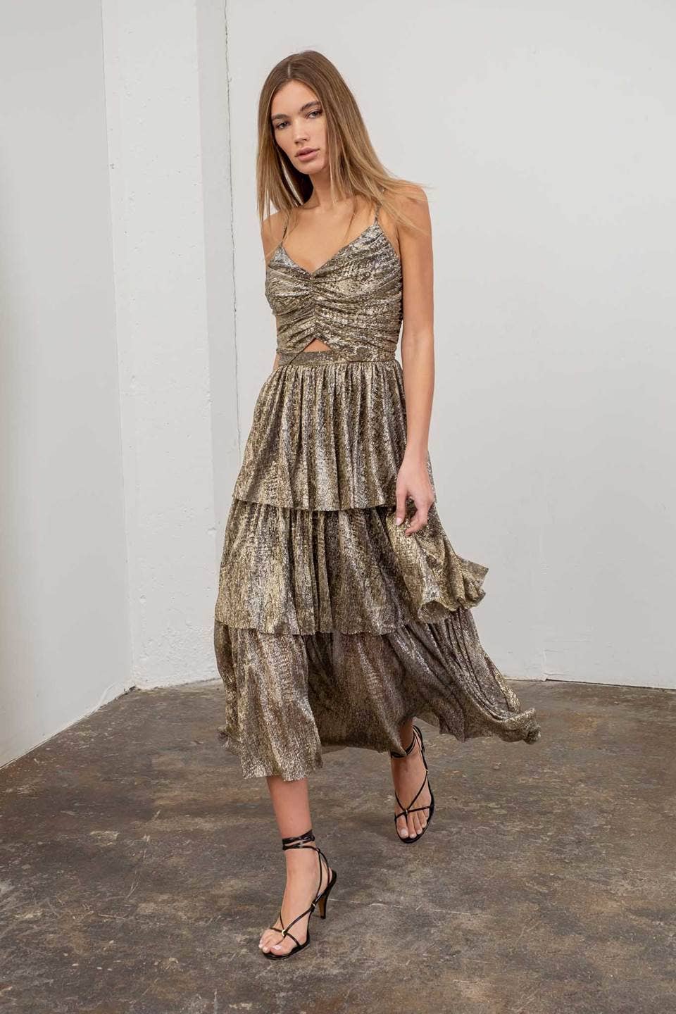 Metallic Cut-Out Tiered Maxi Dress