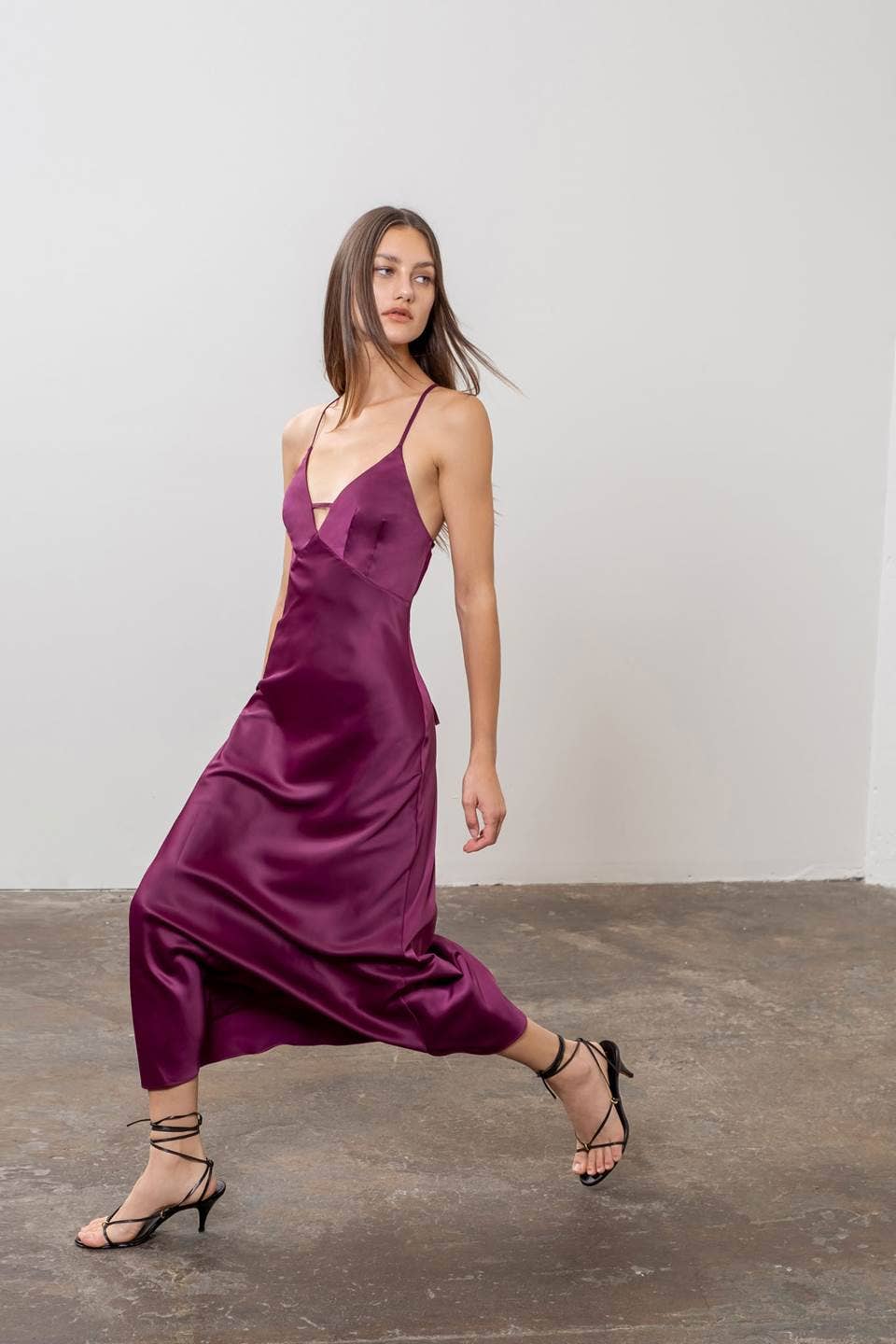 Satin Deep V Tie Back Midi Dress