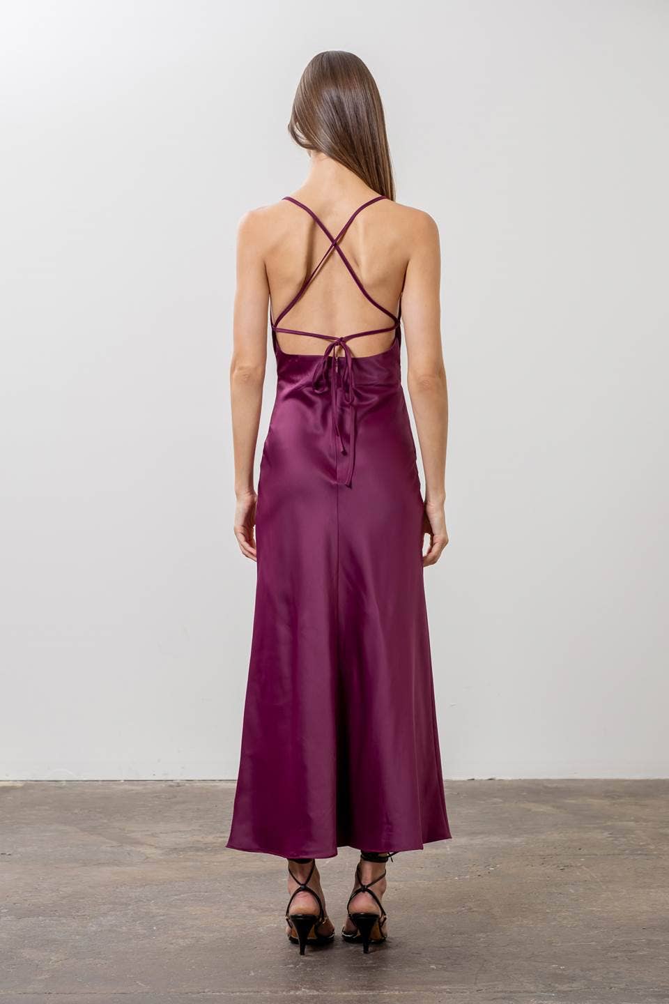 Satin Deep V Tie Back Midi Dress