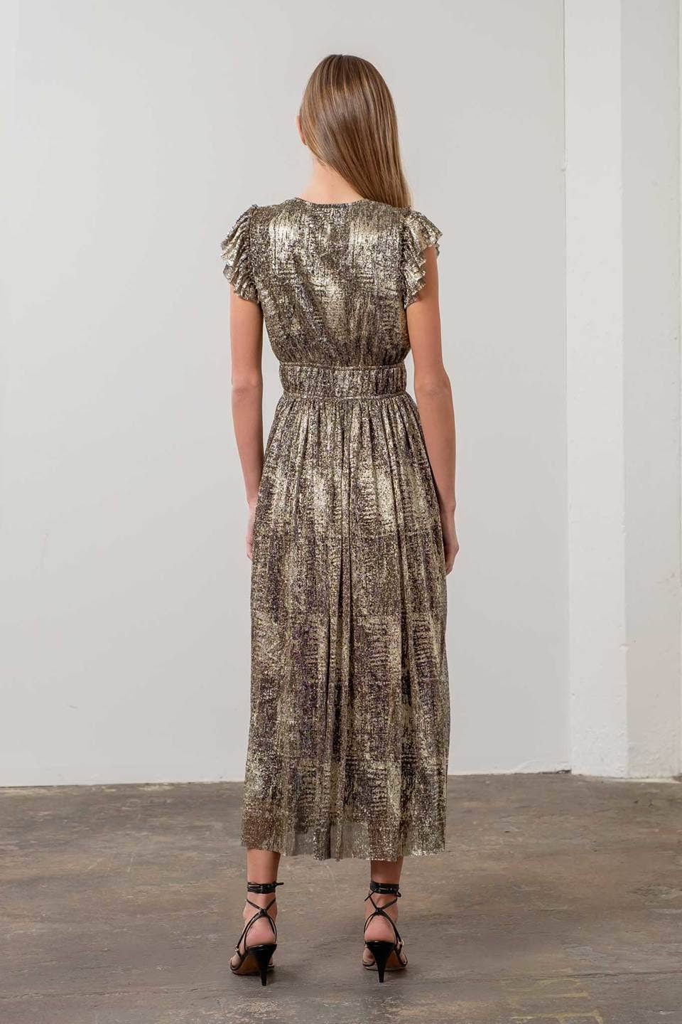 Image of Metallic V Neck Front Tie Midi Dress
