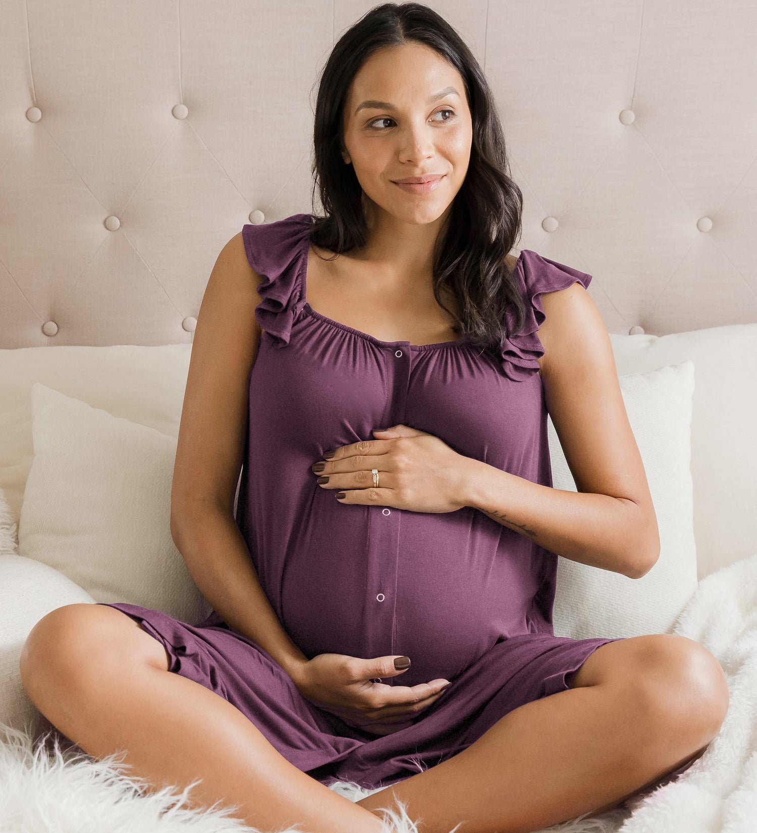 Ruffle Strap Labor & Delivery Gown | Burgundy Plum