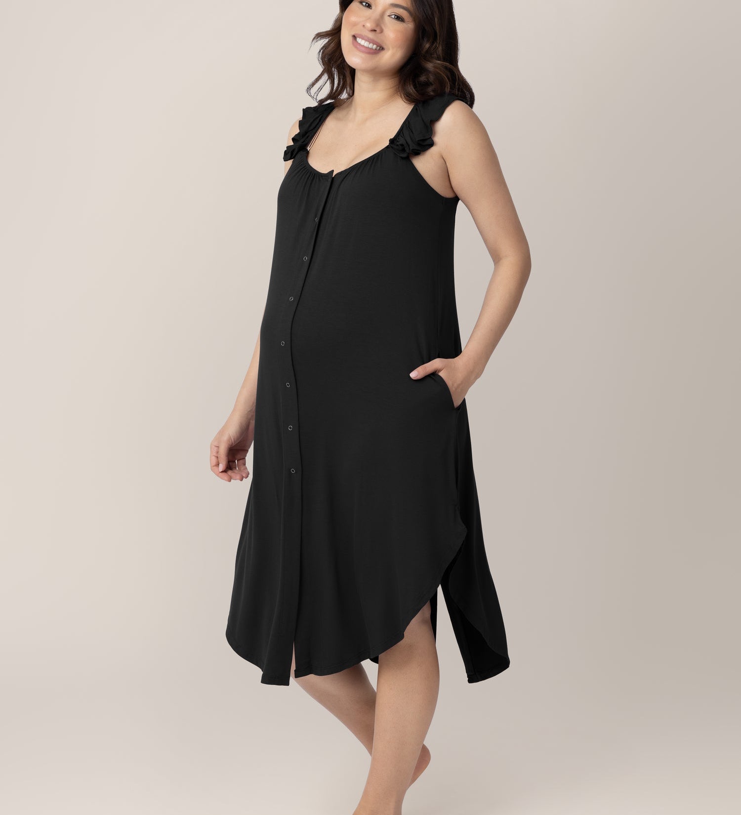 Ruffle Strap Labor & Delivery Gown | Black