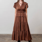 Moon River - PLEATED SHORT SLEEVE FRONT TIE TIERED MIDI DRESS: CHOCOLATE