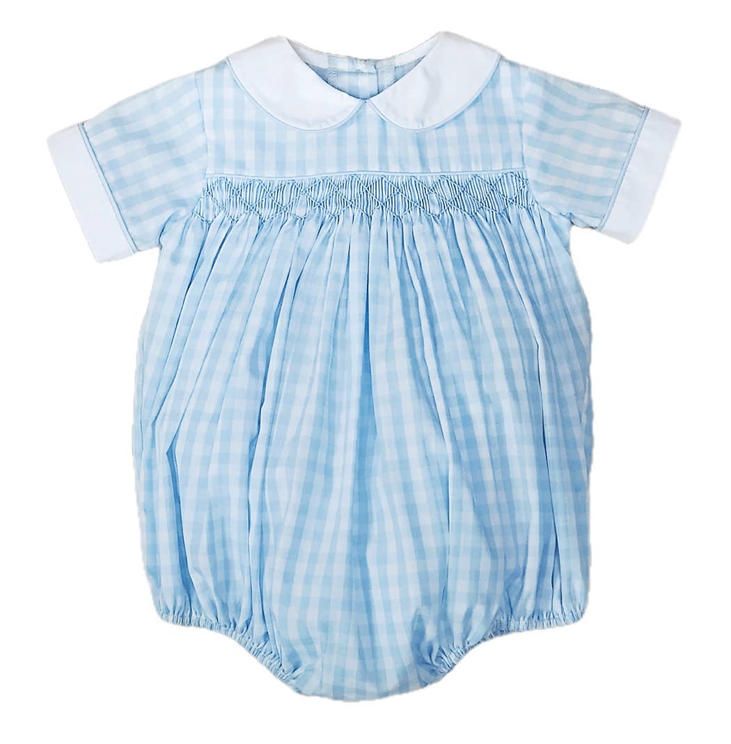 Marco and Lizzy - Sweet Spring Blue Checks Hand Smocked Boys Bubble