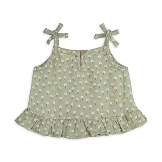 Sage Floral Shoulder Tie Baby Top + Shorts (Organic Muslin)