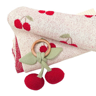 Viverano Organics - Cherry Organic Baby Blanket + Ring Rattle Toy Gift Set