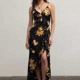 Moon River - FLORAL SLEEVELESS RUFFLE WRAP MAXI DRESS: BLACK MULTI