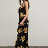 Moon River - FLORAL SLEEVELESS RUFFLE WRAP MAXI DRESS: BLACK MULTI