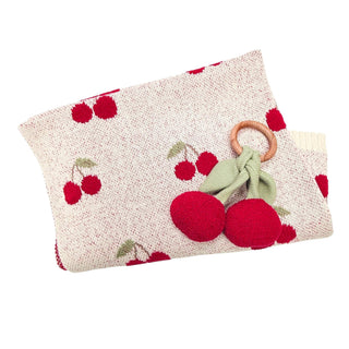 Viverano Organics - Cherry Organic Baby Blanket + Ring Rattle Toy Gift Set