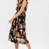 Moon River - SMOCKED TIERED FLORAL MIDI DRESS: BLACK MULTI