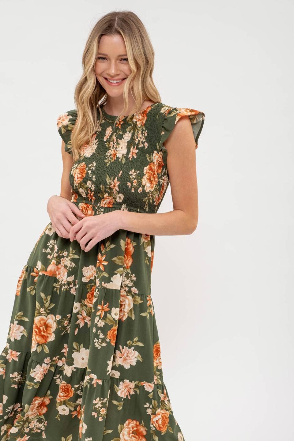 Image of Smocked Tiered Floral Midi Dress