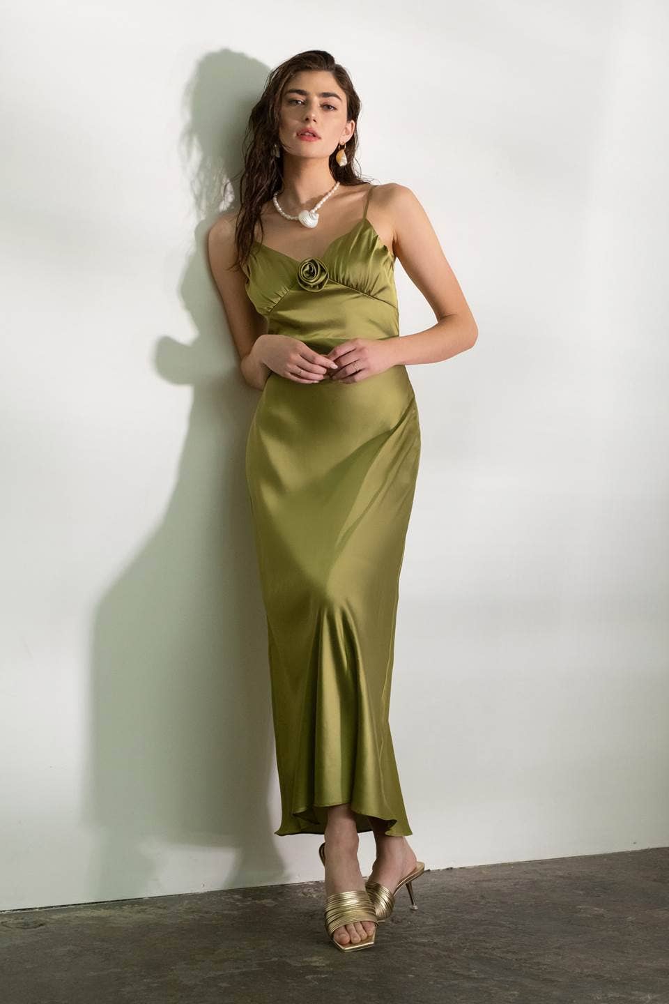 Image of Satin Rosette Sleeveless Maxi Dress