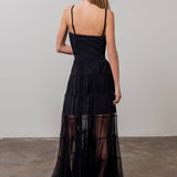 Moon River - PLEATED TULLE SEMI-SHEER TIERED DRESS: BLACK