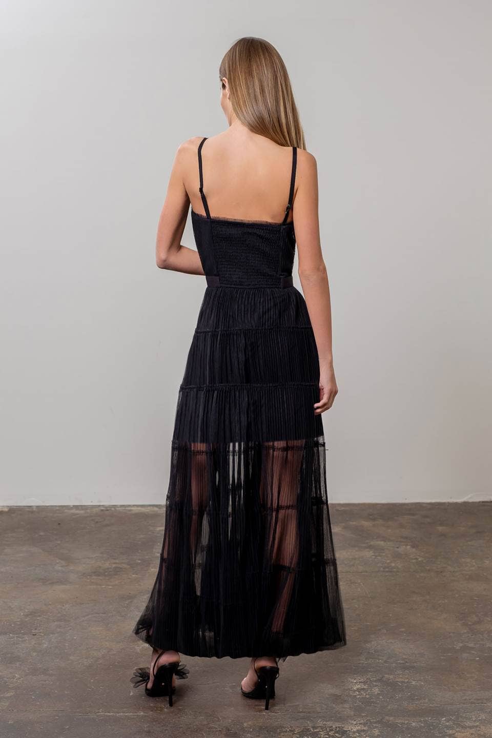 Image of Pleated Tulle Semi-Sheer Tiered Dress