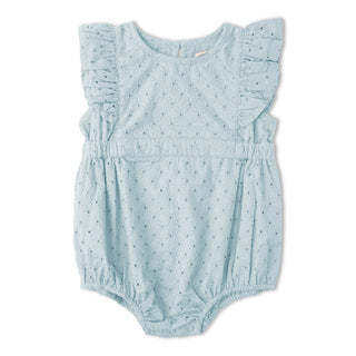 Organic Eyelet Flutter Romper - Light Blue Eyelet