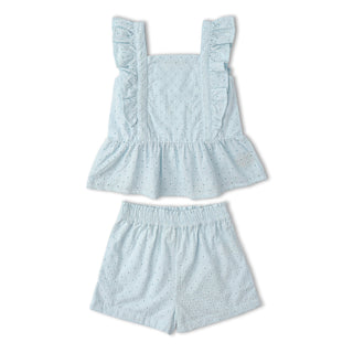 Organic Eyelet Flutter Top And Shorts Set - Light Blue Eyelet