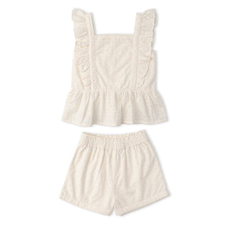 Organic Eyelet Flutter Top And Shorts Set - Ivory Eyelet