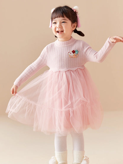 Balabala Toddler Girl New Year Season Pink Woolen One-Piece Dress