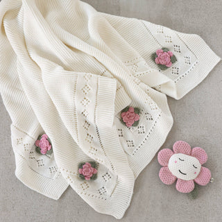 Viverano Organics - Flower Pointelle Knit Baby Blanket & Flower Rattle Gift Set