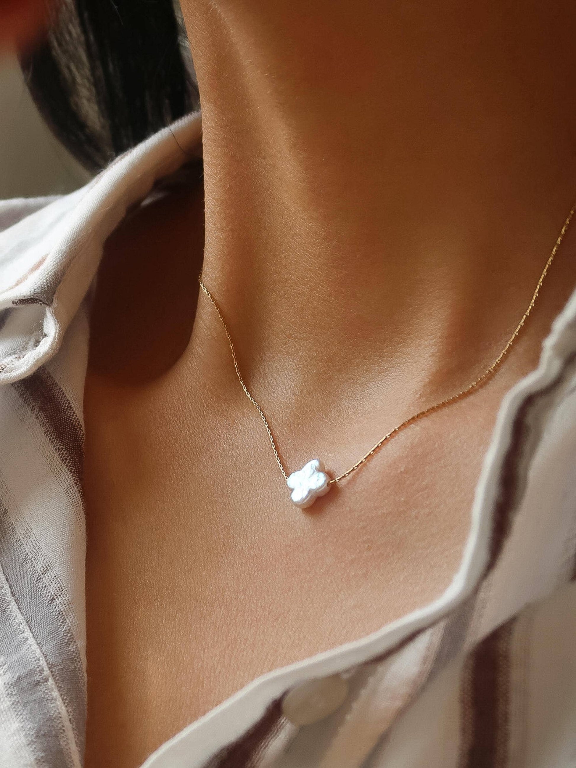 Flânerie by MAIQ - 18K Gold Non-Tarnish Freshwater Pearl Clover, Heart Necklace