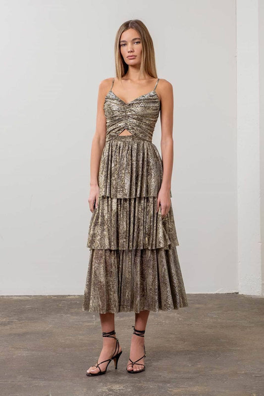 Metallic Cut-Out Tiered Maxi Dress