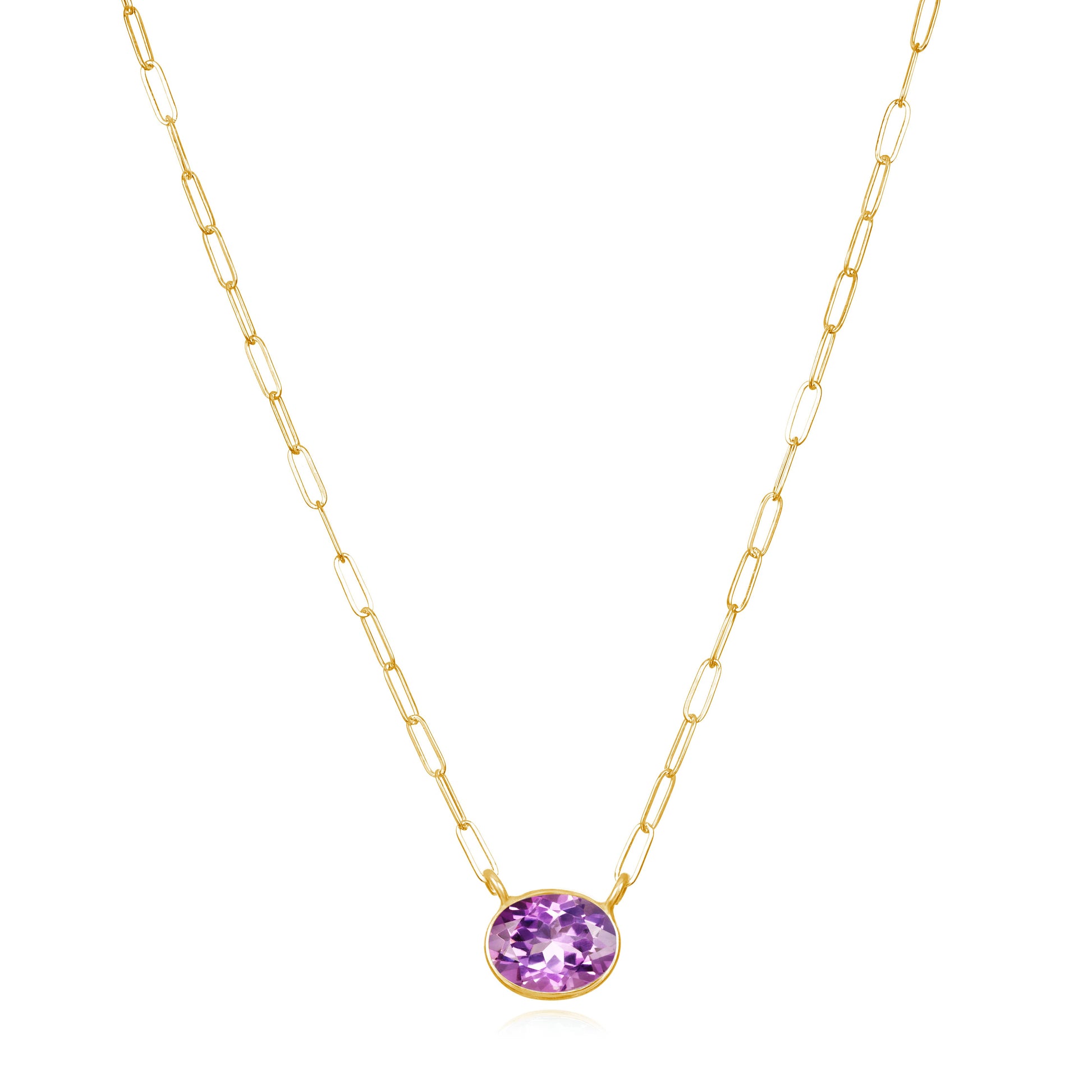 Gem drop Bezel Paperclip Necklace-Pink Amethyst