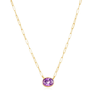 Gem drop Bezel Paperclip Necklace-Pink Amethyst
