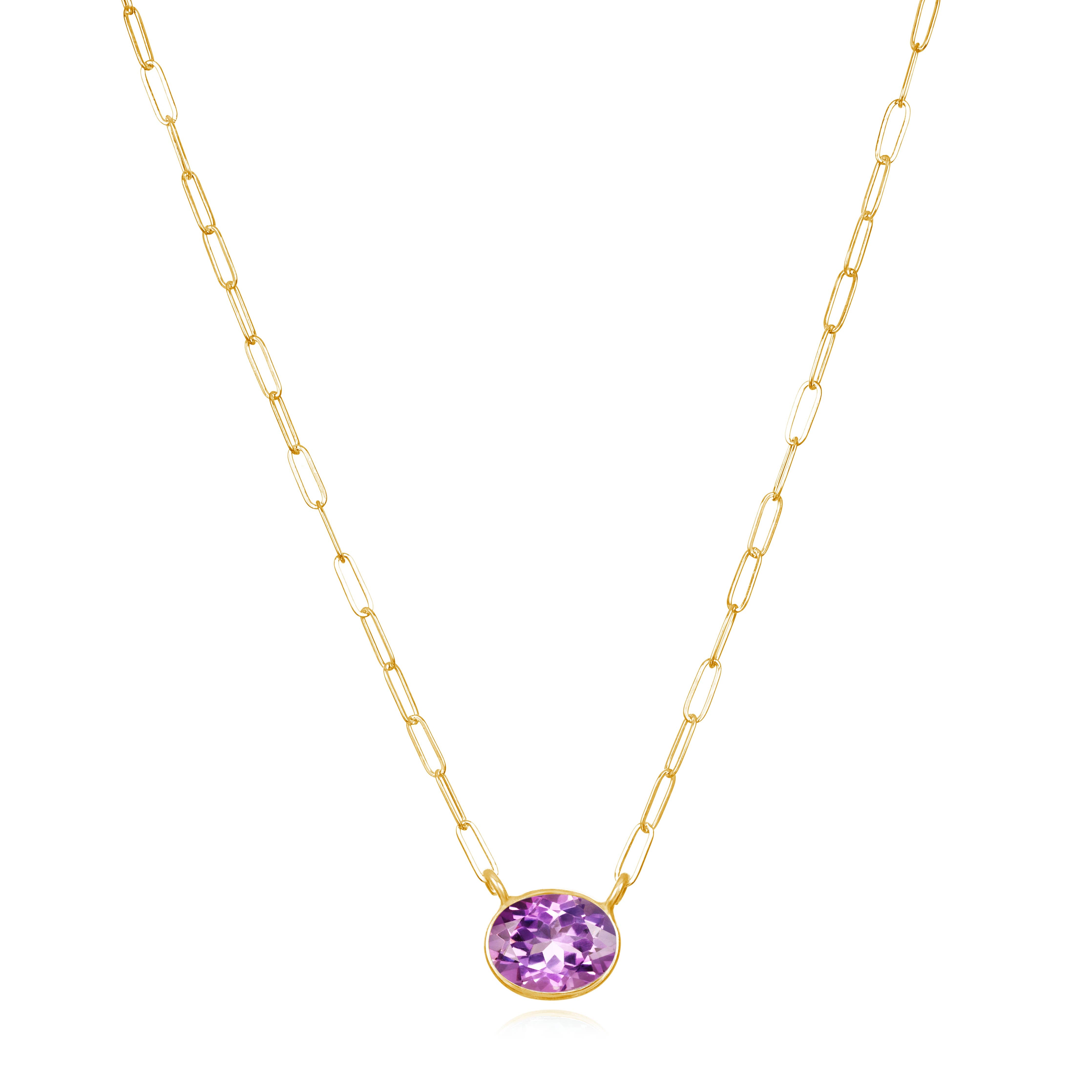 Gem drop Bezel Paperclip Necklace-Pink Amethyst