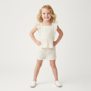 Organic Eyelet Flutter Top And Shorts Set - Ivory Eyelet