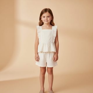 Organic Eyelet Flutter Top And Shorts Set - Ivory Eyelet