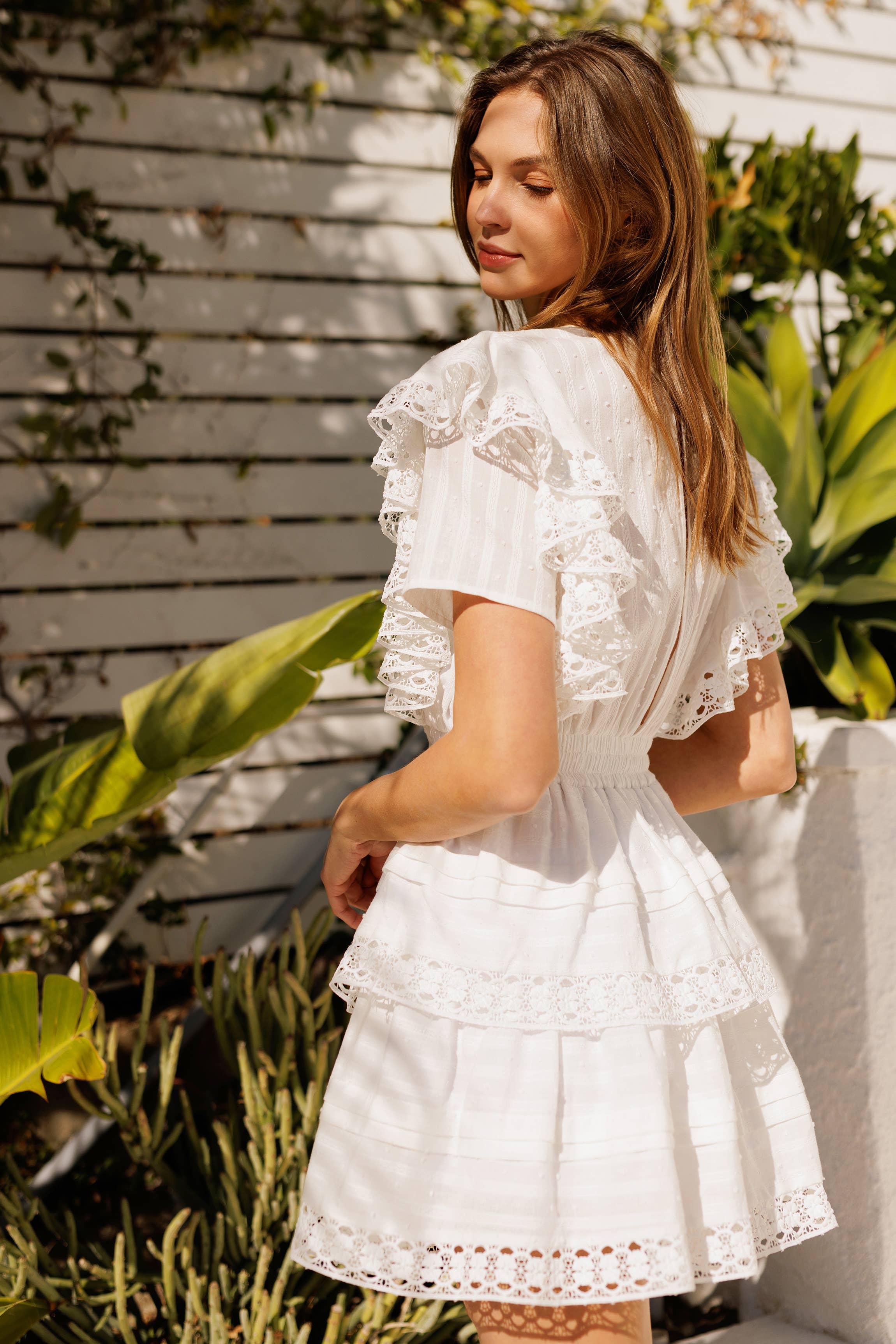 Image of Lace Trim Tiered Mini Dress