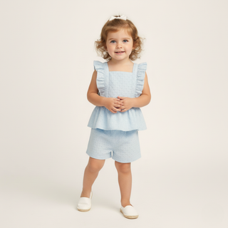 Organic Eyelet Flutter Top And Shorts Set - Light Blue Eyelet