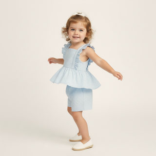 Organic Eyelet Flutter Top And Shorts Set - Light Blue Eyelet