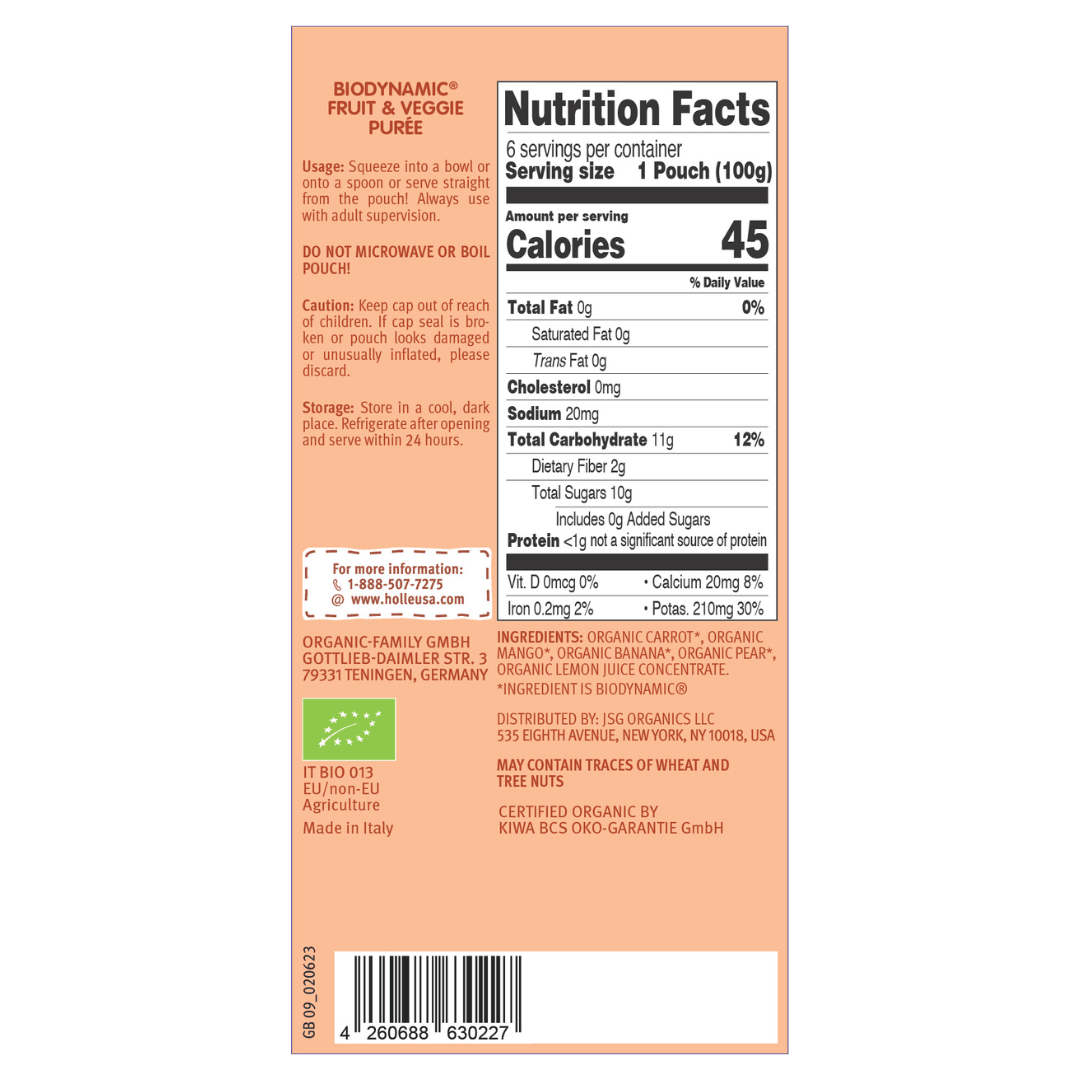 Holle Baby Food Pouches - Organic Fruit & Veggie Puree - Carrot Cat