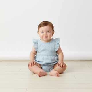Organic Eyelet Flutter Romper - Light Blue Eyelet