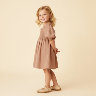 Organic Eyelet Bubble Sleeve Dress - Clay Eyelet