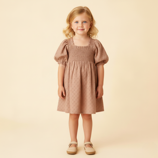Organic Eyelet Bubble Sleeve Dress - Clay Eyelet