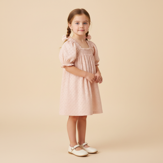 Organic Eyelet Bubble Sleeve Dress - Blush Eyelet
