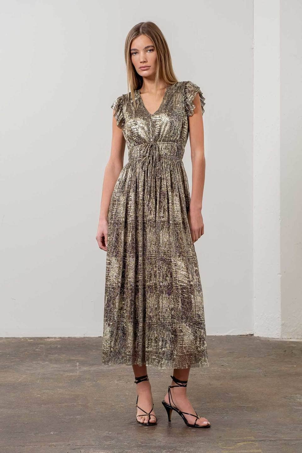 Image of Metallic V Neck Front Tie Midi Dress