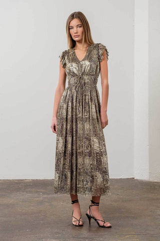 Metallic V Neck Front Tie Midi Dress