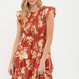 Moon River - SMOCKED TIERED FLORAL MIDI DRESS: BLACK MULTI