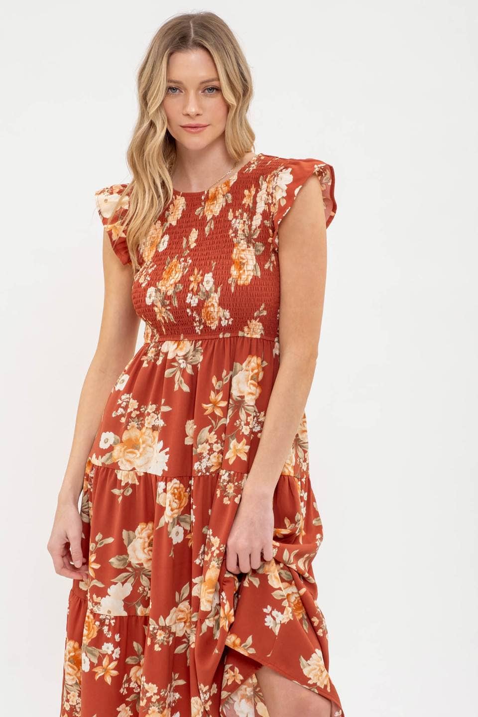 Image of Smocked Tiered Floral Midi Dress