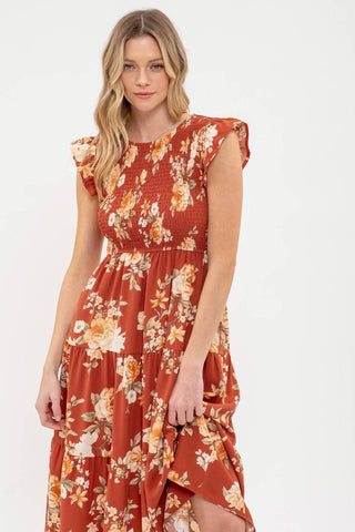 Smocked Tiered Floral Midi Dress