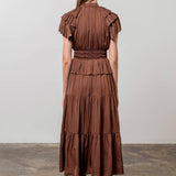 Moon River - PLEATED SHORT SLEEVE FRONT TIE TIERED MIDI DRESS: CHOCOLATE