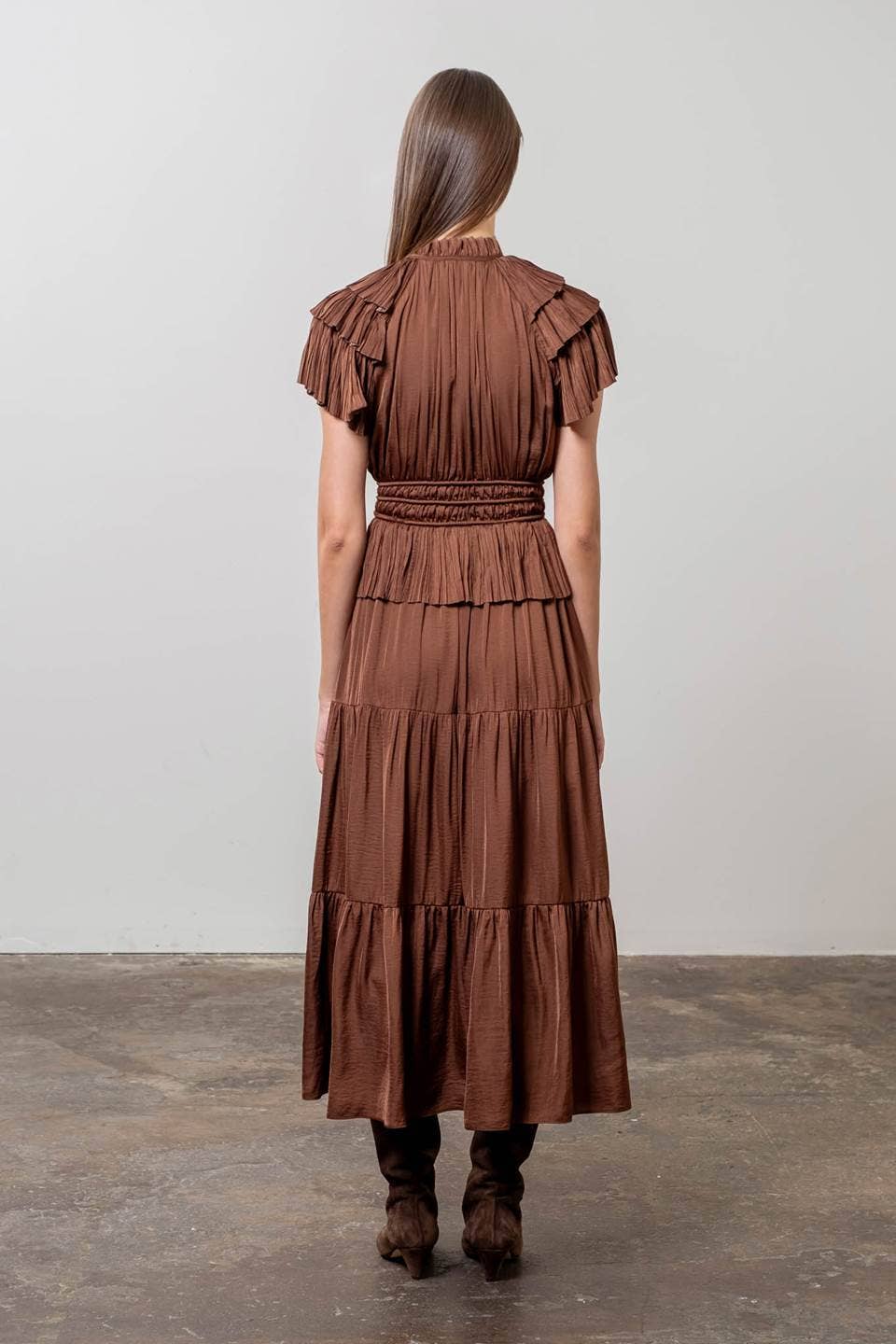 Image of Pleated Short Sleeve Front Tie Tiered Midi Dress