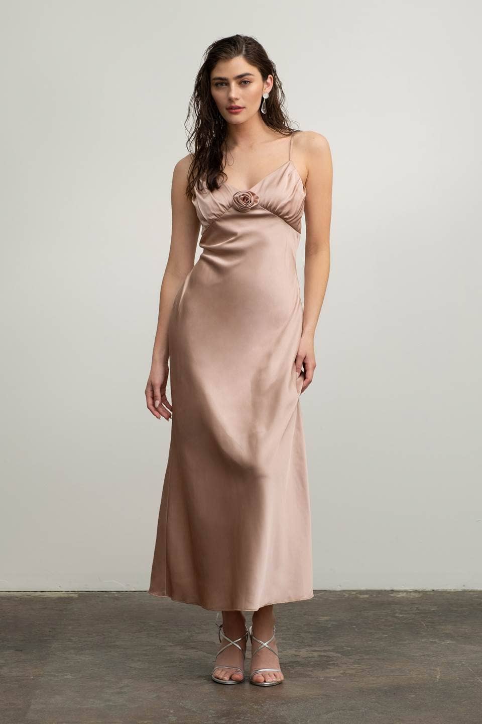 Image of Satin Rosette Sleeveless Maxi Dress
